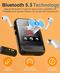 Bluetooth 5.3 MP3 Player With Built In Speaker And FM Radio, showcasing easy pairing with earbuds on an orange background.