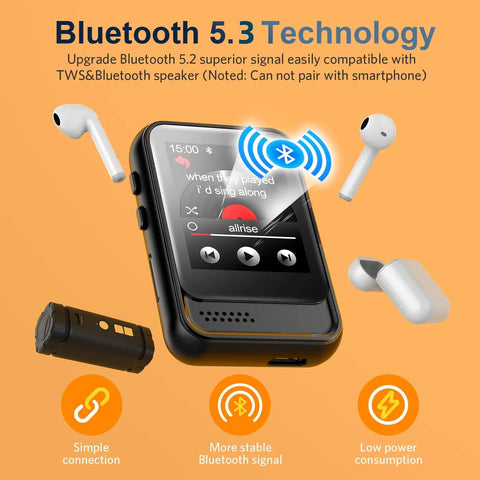 Bluetooth 5.3 MP3 Player With Built In Speaker And FM Radio, showcasing easy pairing with earbuds on an orange background.