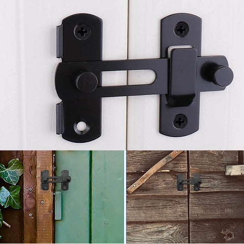 Sliding Barn Door Lock And Latch Set 2 Pack Matte Black Durable Stainless Steel Interior Flip Latch installed on various surfaces