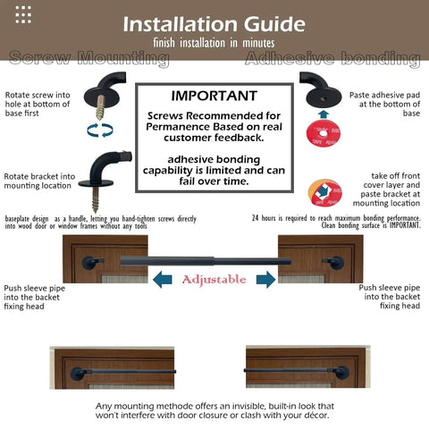 Installation guide for Adjustable Sash Curtain Rod For French Doors With Tough Three Eighth Inch Steel Bar And Low Profile Brackets.
