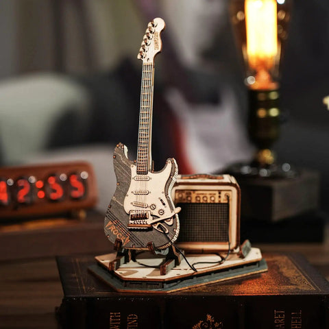Dope Detailed One Eighth Scale Electric Guitar 3D Puzzle Kit For Adults Wooden Craft Model With Amplifier And Stand Realistic Guitar Replica For Home And Desk Decor Collectible Gift, wooden desk display
