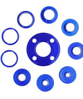 Rock Solid 10 Piece Router Template Bushing Set With Heavy Duty Aluminum Alloy Frame showing blue bushings and guide rings.