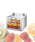 Heavy Duty Electric Food Dehydrator With Reliable Timer And Even Airflow For Darn Good Jerky And Fresh Dried Fruits, featuring eight stainless steel pans with fruit slices.
