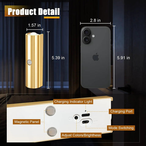 Product detail of Dead Simple To Install Hella Bright Motion Sensor Wall Lights showing gold sconce dimensions with charging details.