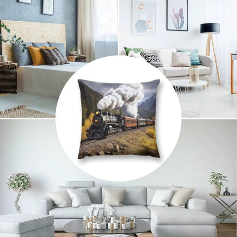 Comfy Steam Locomotive Train Throw Pillow Cover Plush Boho Farmhouse Cushion Case 18x18 Inch Square Pillow For Couch Sofa Bed Living Room Decor And Comfy Accent with vintage train design in modern living room settings