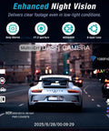 Four Channel 2.5K Dash Cam captures night vision of car and motorcycle on city street, highlighting enhanced night vision features.