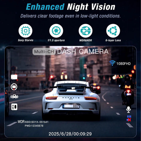 Four Channel 2.5K Dash Cam captures night vision of car and motorcycle on city street, highlighting enhanced night vision features.