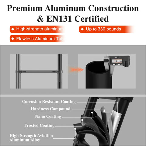Heavy Duty Aluminum Telescoping Ladder 12.5 Ft Extension Ladder 330 Lb Load Black With Auto Lock Pins Anti Slip Rungs Textured Steps For Rock Solid Stability And Easy Safe Reach. EN131 certified aluminum construction close-up.