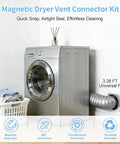 4 Inch Magnetic Dryer Vent Connector Kit with Flexible Hose attached to dryer in a laundry room, showing magnetic snap seal.