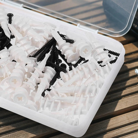 Self Tapping Screws and Wall Anchors Kit Heavy Duty Load Bearing Easy Install Zinc Plated and Plastic Mix Random Colors 100 Piece Set for Lightweight Concrete and Hollow Bricks Includes 50 Screws and 50 Anchors in storage box