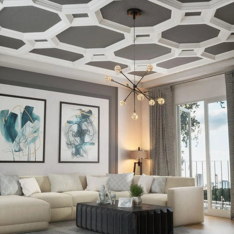 Modern living room with Inner Diamond Intersection For 8 In Deluxe Coffered Ceiling System Kit Solid Urethane Construction.