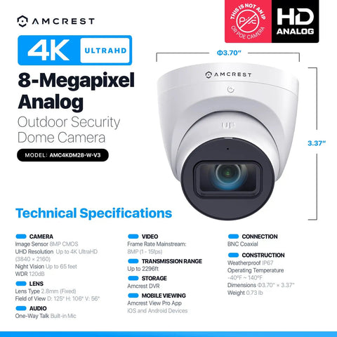 4K Analog Turret Outdoor Security Cam 8MP At 15fps With Coax BNC CCTV 65ft Night Vision 125 Degree Field Of View Built In Mic Weatherproof IP67 White DVR Not Included