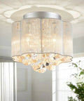 Crystal Flush Mount Ceiling Light With White Fabric Shade, 12 Inch Modern Drum Fixture, Three Light E12 Low Profile