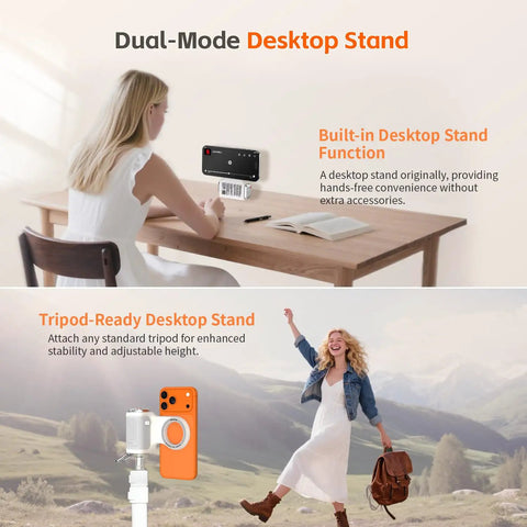 Woman using Magnetic iPhone Camera Grip With Removable Remote And Built In Keychain on desk with tripod setup on phone.