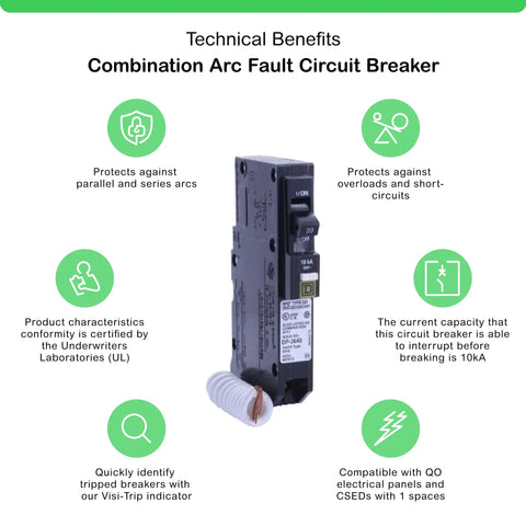 QO120CAFI 20 Amp Arc Fault Breaker, Single Pole AFCI With Plug On Design, 120V, in packaging with technical benefits shown