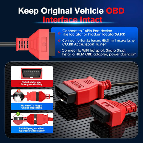 Red OBD 2 Extension Cable 10ft 3M Ultra Long 16 Pin OBD II Male To Female Extension Cord for All OBDII Vehicles with text overlay.