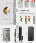 Diagram showing installation of fingerprint door lock keyless entry smart lock deadbolt with electronic keypad and app control.