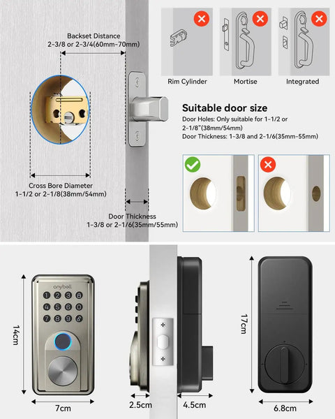Diagram showing installation of fingerprint door lock keyless entry smart lock deadbolt with electronic keypad and app control.