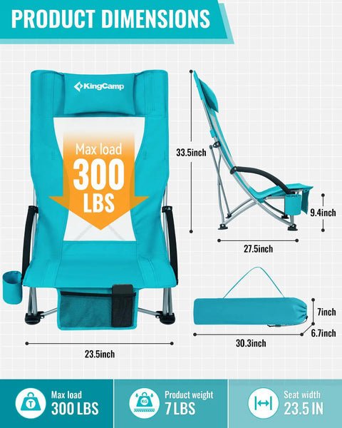 Low Beach Chairs 2 Pack Folding Portable Chairs For Adults Ultra Wide Ergonomic High Back Seat 300 Lb Capacity