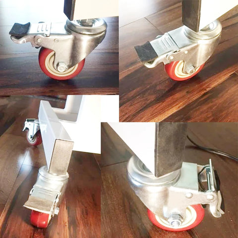 Swivel Stem Casters Heavy Duty Double Locking Castors With Red PU Wheels Quiet No Marking Safe On All Floor Surfaces M10 One Point Five By Twenty Five Millimeters Metric Thread High Load Capacity Pack Of 4 Ideal For Industrial Use In Workshops And, shown in multiple views on a wooden floor.