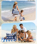 Family on beach with Large Waterproof Sandproof Beach Tote Bag With Zipper, Family Pool Bag With 40oz Tumbler Pocket, navy blue design.