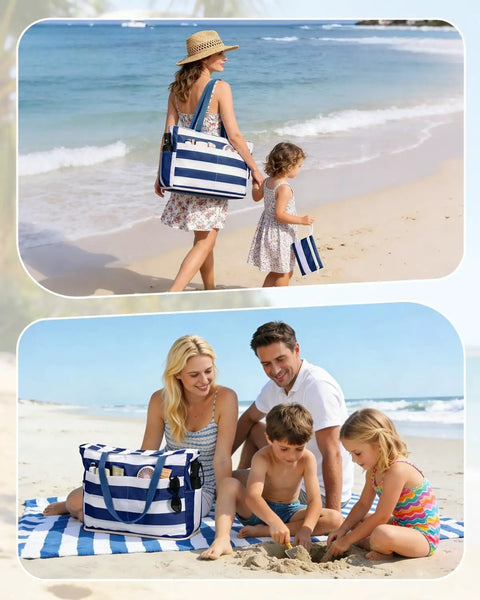 Family on beach with Large Waterproof Sandproof Beach Tote Bag With Zipper, Family Pool Bag With 40oz Tumbler Pocket, navy blue design.