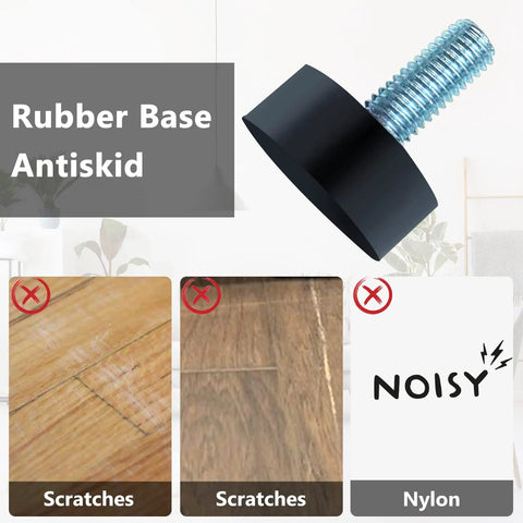 Eight Pack M8 Adjustable Rubber Furniture Levelers with anti-skid rubber base preventing scratches and noise on floors.