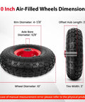 4.10/3.50-4 Tire And Wheel Set, 10 Inch Air Filled Wheels dimensions showing 5/8 inch axle bore, rim and tire measurements.