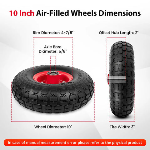 4.10/3.50-4 Tire And Wheel Set, 10 Inch Air Filled Wheels dimensions showing 5/8 inch axle bore, rim and tire measurements.