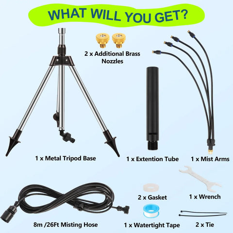 Outdoor Standing Misting System For Patio And Backyard Keeps It Cool With 4.1Ft Adjustable Height Triangular Tripod Base components