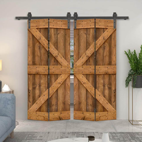 Walnut Stained DIY Wood Double Bi Fold Barn Doors With Sliding Hardware Kit, 72 By 84 Inches, Solid Knotty Pine, installed