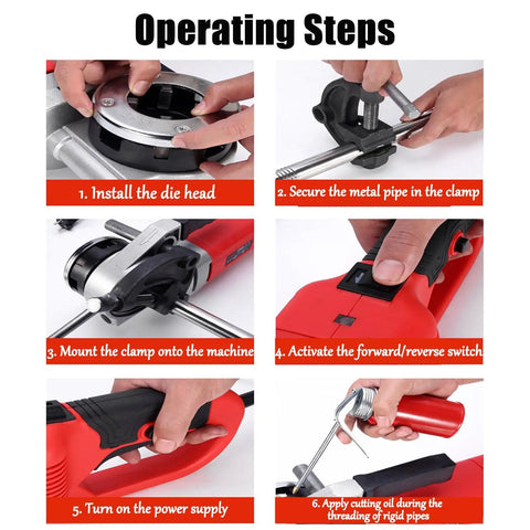 Operating steps for Heavy Duty Electric Pipe Threader Machine 2300W showing installation and usage instructions.