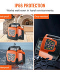 Red Rotary Laser Level Kit Pro Grade With 360 Degree Self Leveling 1650ft Range Surveying Tripod And 5m Staff IP66 Waterproof Remote 5 Rotation Speeds 4 Angle Adjustments Ships In Three Packages showing IP66 dust-proof, waterproof, drop-resistant housing