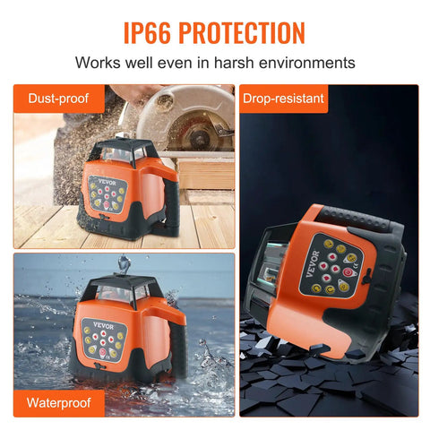 Red Rotary Laser Level Kit Pro Grade With 360 Degree Self Leveling 1650ft Range Surveying Tripod And 5m Staff IP66 Waterproof Remote 5 Rotation Speeds 4 Angle Adjustments Ships In Three Packages showing IP66 dust-proof, waterproof, drop-resistant housing