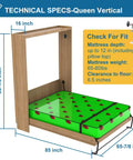 Technical specs for Top Shelf Queen Size Vertical Murphy Bed Kit showing dimensions and features with a green mattress.