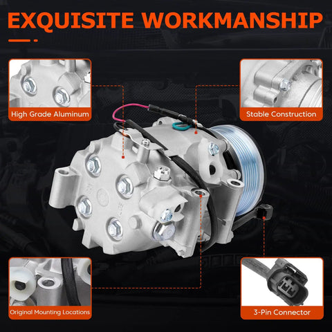 AC Compressor With Clutch Fits 2006 2011 Honda Civic 1.8L Replaces 38800RNAA01 showing high grade aluminum and stable construction.
