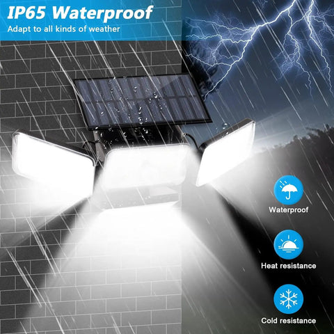 Outdoor Solar Flood Lights With 288 LED 2500LM 4 Head Motion Sensor Security Light With Remote in rain, demonstrating IP65 waterproof feature.