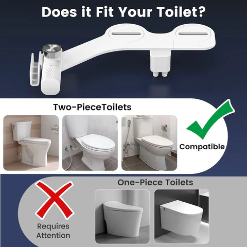 Diagram showing compatibility for Toilet Bidet Attachment With Filter And Self Cleaning Dual Nozzle Frontal And Rear Wash Ultra Slim Non Electric Sprayer For Hard Water Adjustable Water Pressure Easy Install No Fuss Hygiene Upgrade with two-piece toilets, not one-piece.