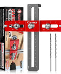 Doweling Jig For Cabinet Hardware And Knob Or Pull Templates Pro Grade Self Centering Punch Locator Precise Woodworking Drill Guide Aluminum Alloy Construction Anti Rust Easy DIY Cabinet Setup displayed with box packaging and drill bits.