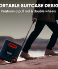 Power On The Go Portable Power Station 3024Wh with suitcase design, wheels, and pull rod on rocky terrain