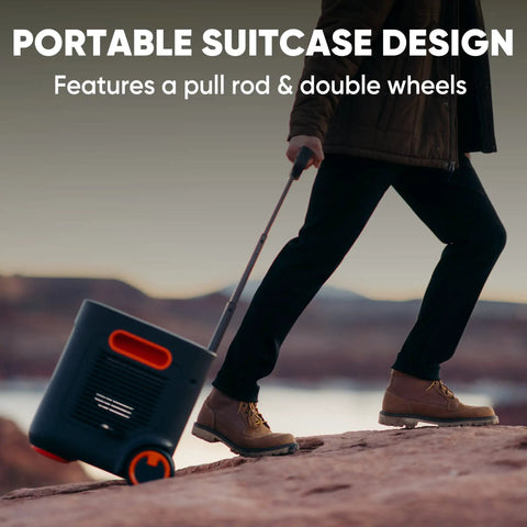 Power On The Go Portable Power Station 3024Wh with suitcase design, wheels, and pull rod on rocky terrain