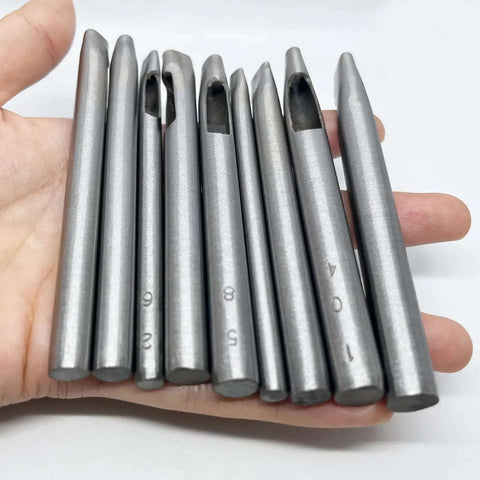 9 Size Oval Leather Hole Punch Set Carbon Steel Pro Grade Hand Punch Tool Kit shown with hand for size comparison.