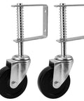 Heavy Duty 2 Pack 4 Inch Spring Loaded Gate Casters With 360 Swivel Wheels 220 Lb Capacity showing rubber treads and metallic frame.