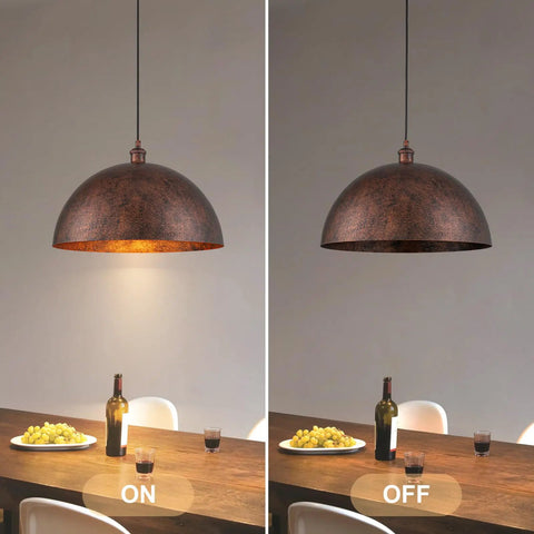 Rusty Industrial Dome Pendant Light 17.7 Inch over dining table lit and unlit, vintage metal pendant lighting with rustic finish