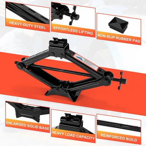 Heavy Duty Two Ton Scissor Jack With Four Thousand Four Hundred Nine Lb Capacity And Dual Rubber Grip Pads Built For No Sweat Low Clearance SUV Or Sedan Work, showing heavy-duty steel construction and non-slip rubber pads.