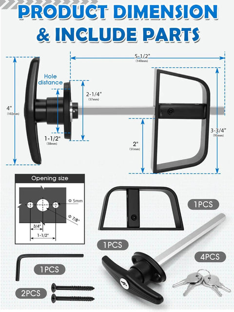 Heavy Duty Shed Door T Handle Lock Kit With 4 Keys, zinc alloy T lock, black, for barns and storage sheds, dimensions and parts diagram.