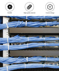 Two Rolls Of Black Reusable Self Gripping Cable Ties For Smooth Cord Organization Ditch Those Flimsy Snap Ties And Get Your Desk Back In Shape With These Heavy Duty Loop Wire Straps arranged with blue cables.