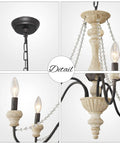 Close-up details of Five-Light French Country Rustic Chandelier with glass bead chains and white distressed wood finish.
