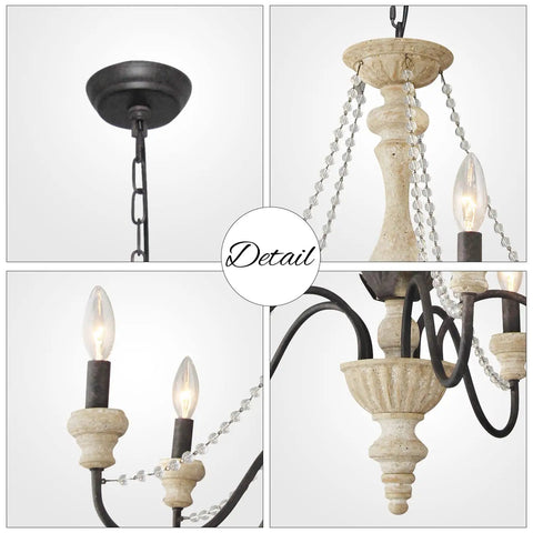 Close-up details of Five-Light French Country Rustic Chandelier with glass bead chains and white distressed wood finish.