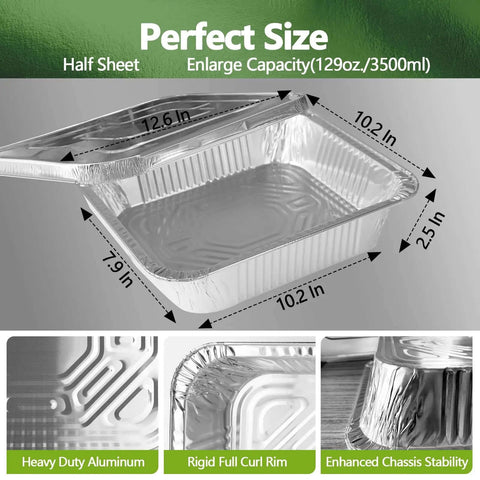 Heavy Duty Aluminum Foil Pans Set With Lids, 10 Pack Half Size Steam Table Trays, dimensions and features highlighted